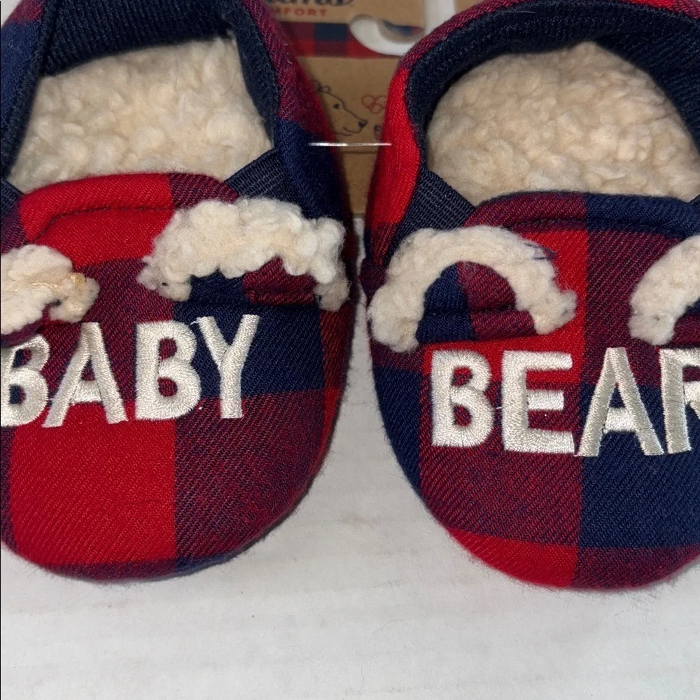 Dearfoams Baby Bear Red Blue Plaid Baby Slippers Memory Foam Size 3/4